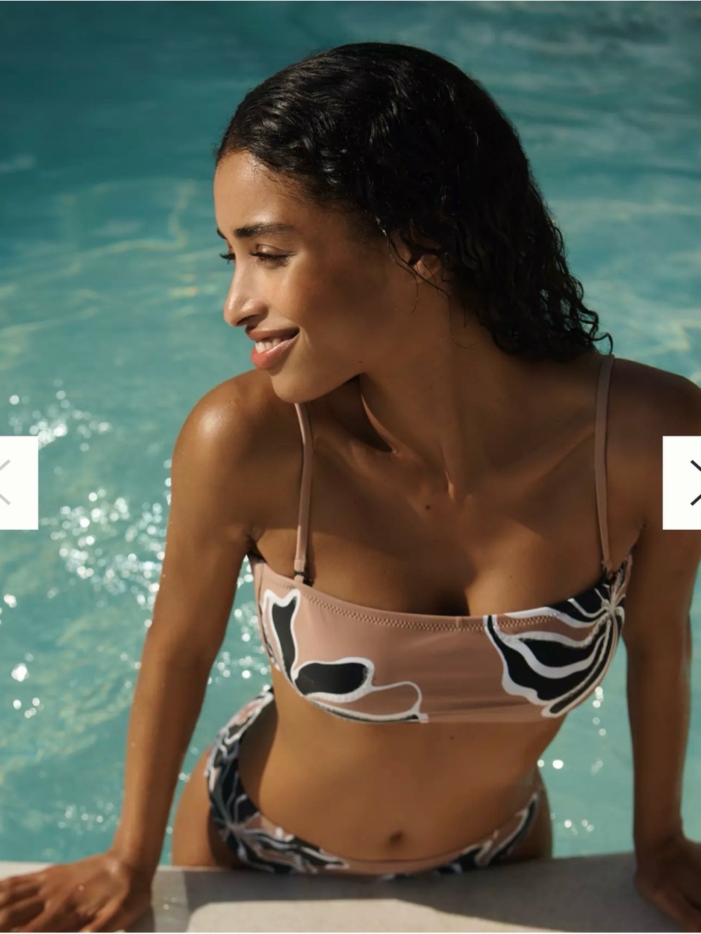 Sanctuary Floral Bandeau Bikini Top in Taupe with Black & White Accents